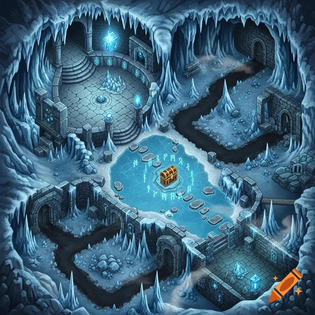 An isometric D&D map of an ice cave with stalactites, stone structures, paths, and a central frozen pond with runes and a treasure chest.