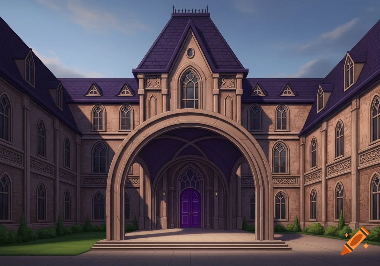 A grand, gothic-style mansion school building with a dark purple roof, stone walls, and a large arched entrance leading to a purple door.
