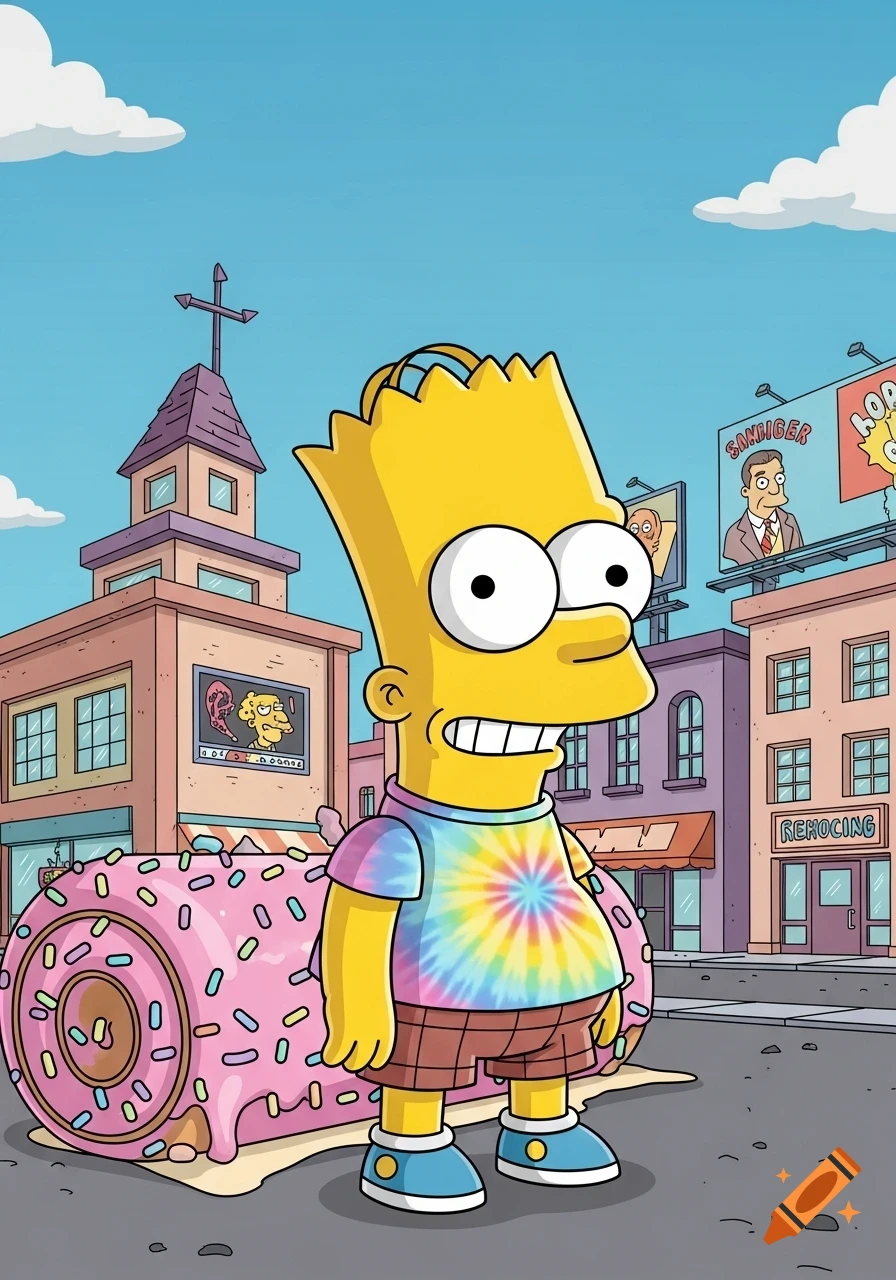 Bart Simpson in a tie-dye shirt and plaid shorts stands on a street next to a giant pink donut with sprinkles, against a background of cartoon buildings and blue sky.