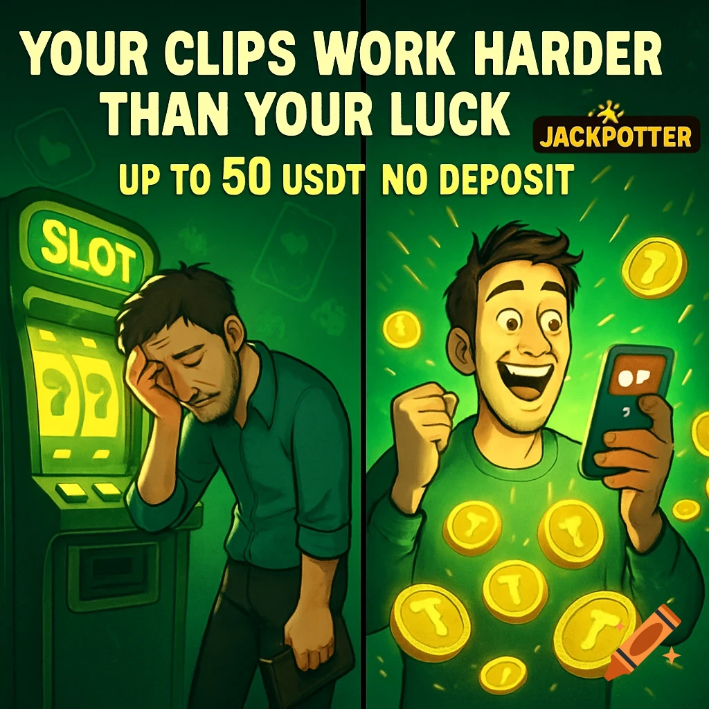Cartoon of a man frustrated at a slot machine on the left, and happy winning crypto on his phone on the right, with gambling text.