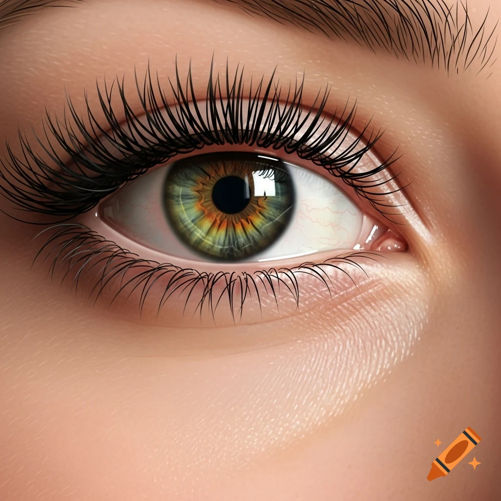 Extreme close-up of a human eye with a hazel iris and long black eyelashes.