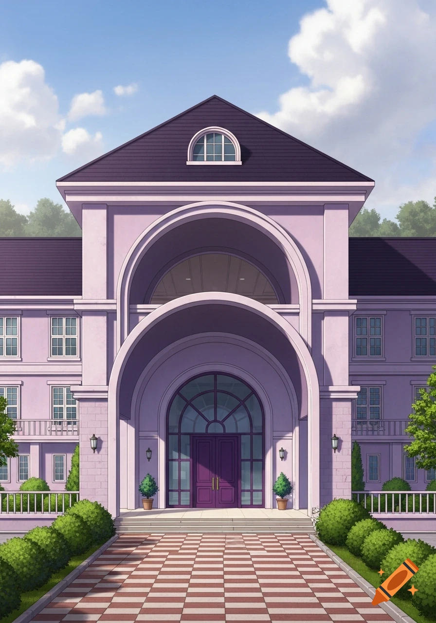 An anime-style, large light purple school building resembling a mansion, with a dark purple roof, overlapping arches, and a checkered path.