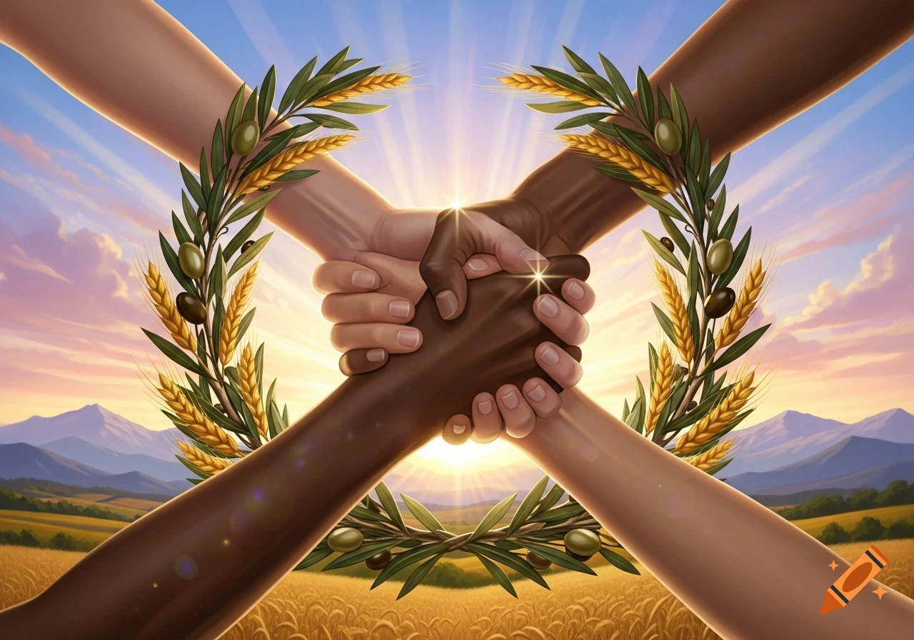 Four hands of diverse skin tones shaking, forming an 'X' shape, framed by a wheat and olive wreath against a sunset over a field.
