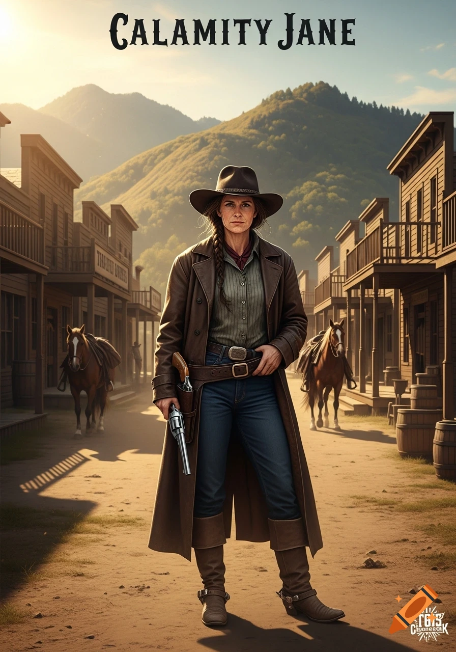 A determined woman in a brown duster coat, cowboy hat, and jeans holds a revolver in a dusty Western town with mountains in the background, with 'CALAMITY JANE' at the top.