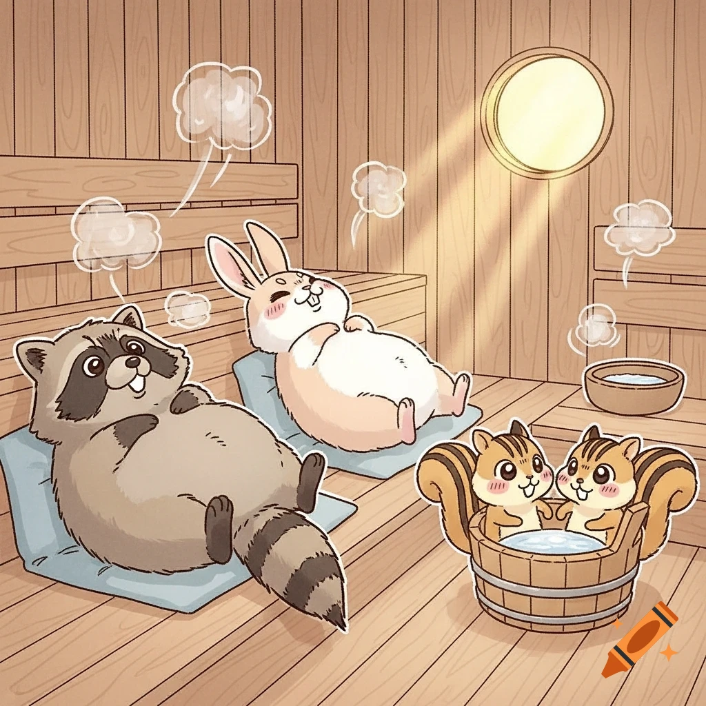 A cute manga-style illustration of a raccoon, a rabbit, and two chipmunks relaxing in a wooden sauna.