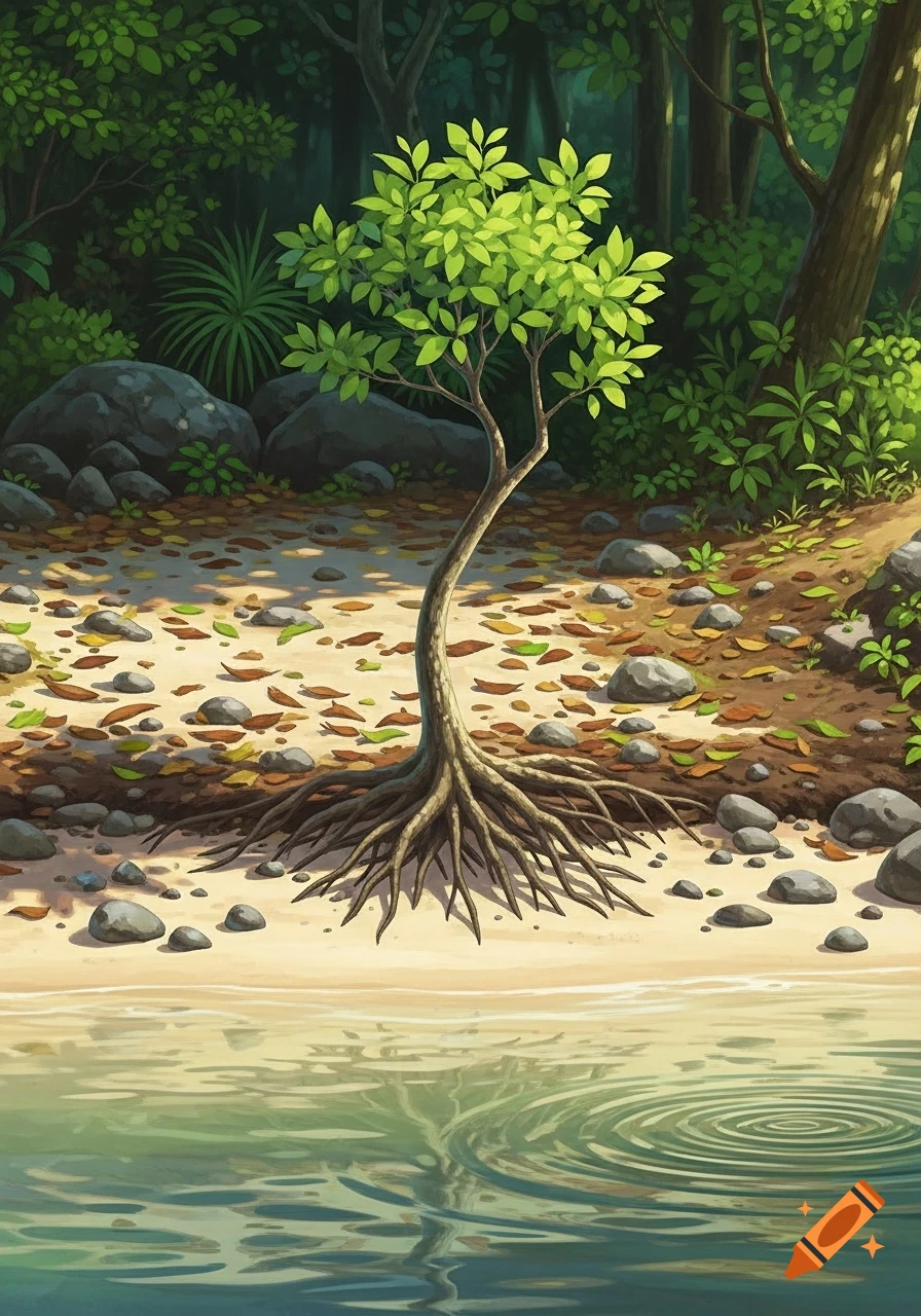 A Ghibli-style painting of a tropical tree with exposed roots on sand next to shallow water, surrounded by a lush forest.