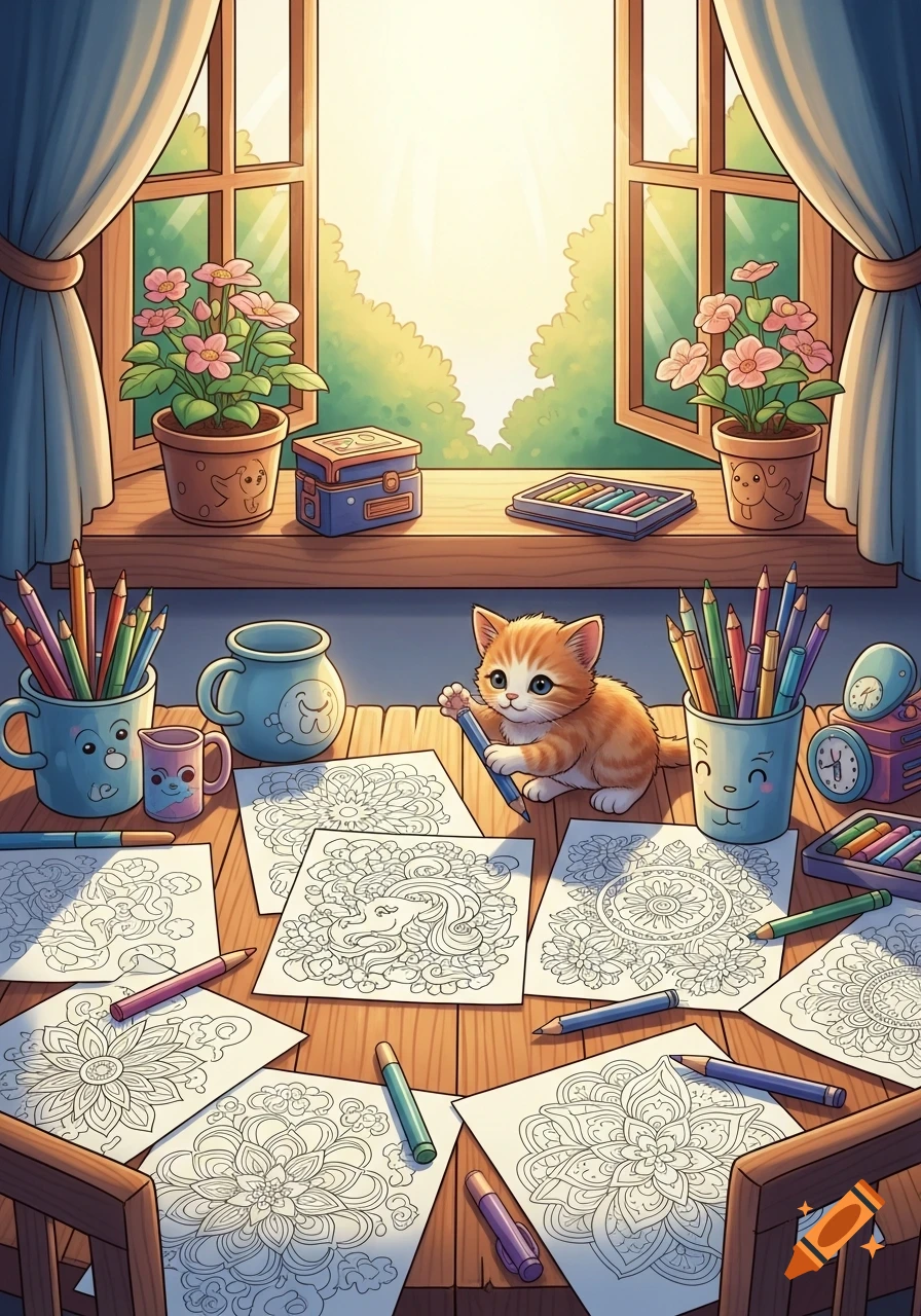 A cute ginger kitten draws on a coloring page at a wooden table covered with pencils and art supplies, by a sunlit window.