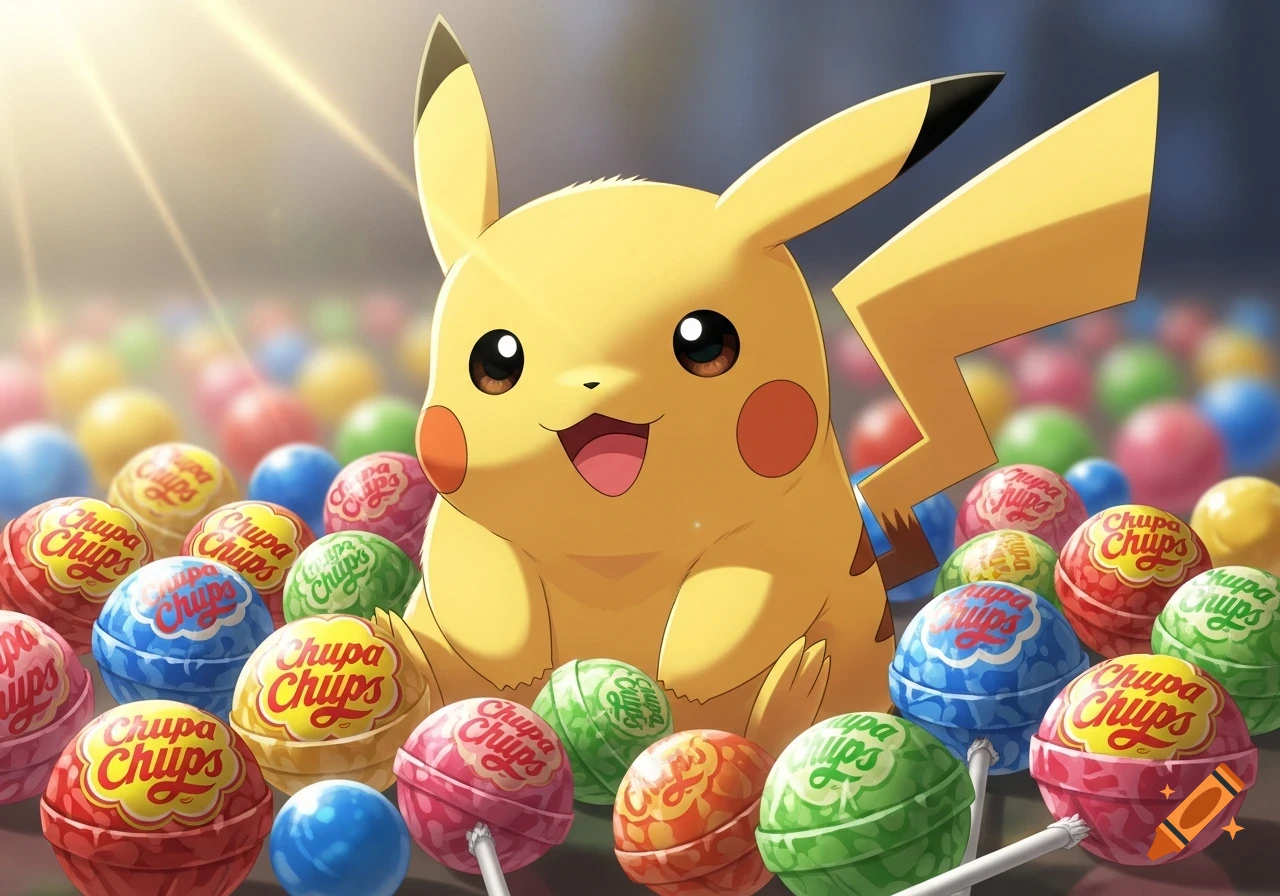 Pikachu sits happily amidst a field of colorful Chupa Chups lollipops, bathed in warm sunlight.