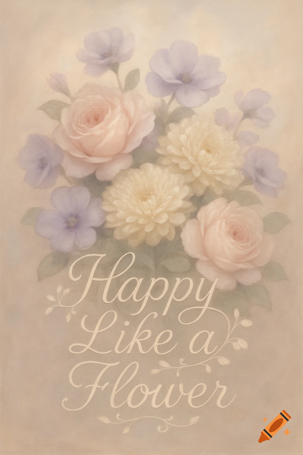 A pastel illustration of a bouquet of roses and other flowers in shades of pink, yellow, and lavender, with the text 'Happy Like a Flower' in decorative script below.