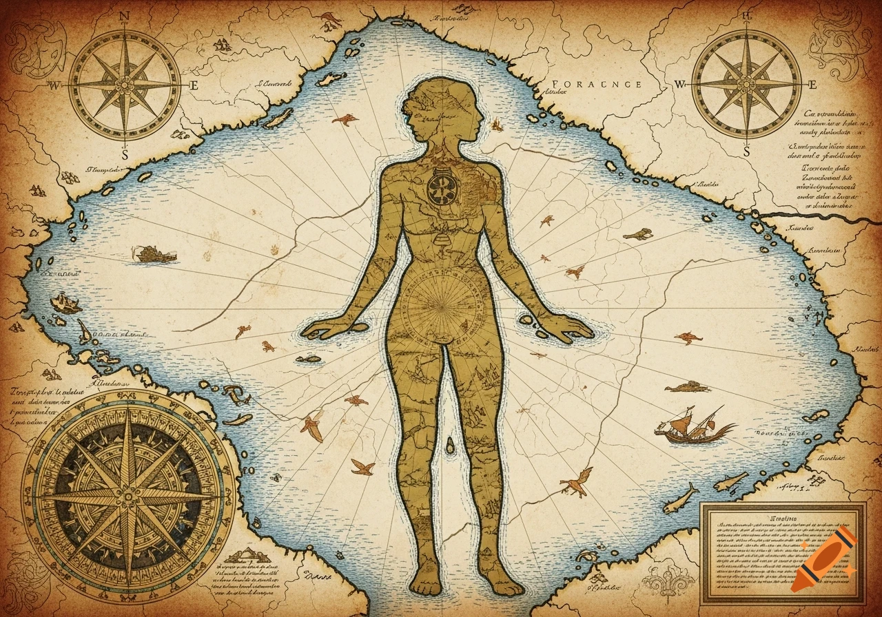 A vintage-style portolan map features a prominent human silhouette at its center, surrounded by stylized landmasses and a light blue sea, with compass roses and ships.