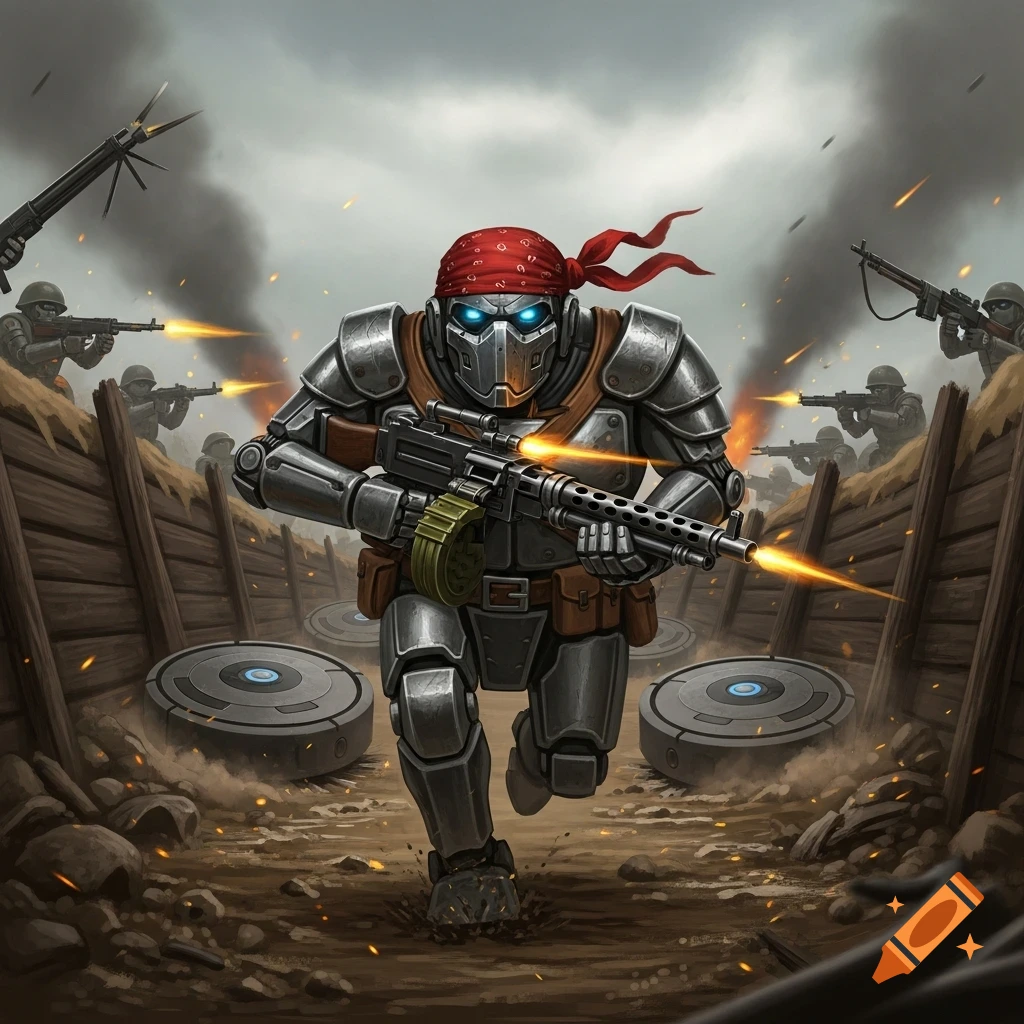 A heavily armored robot soldier with glowing blue eyes and a red bandana runs through a muddy war trench, firing a machine gun. Other soldiers fire from the trenches in the background under a smoke-filled sky.