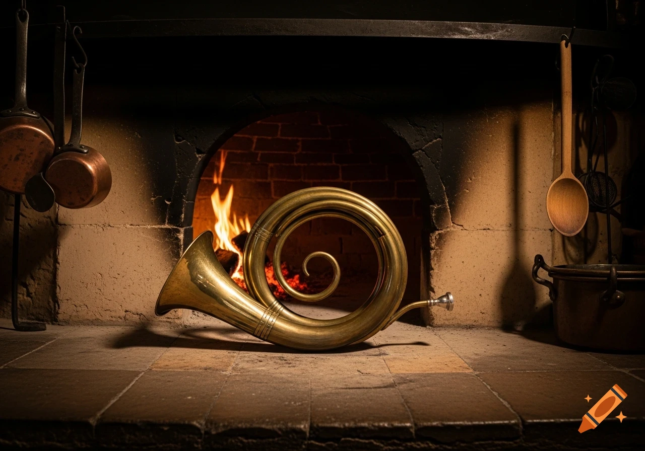 A coiled brass horn rests on a tiled hearth in front of a brick fireplace with a fire, surrounded by hanging kitchen utensils.