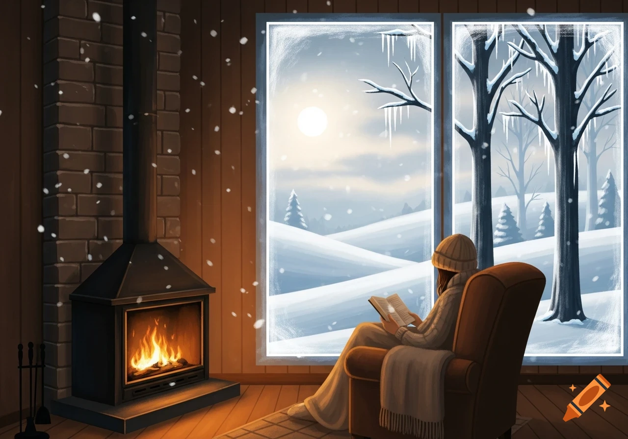 A person reads a book by a crackling fireplace, looking out a window at a snowy winter landscape with icicles and trees.
