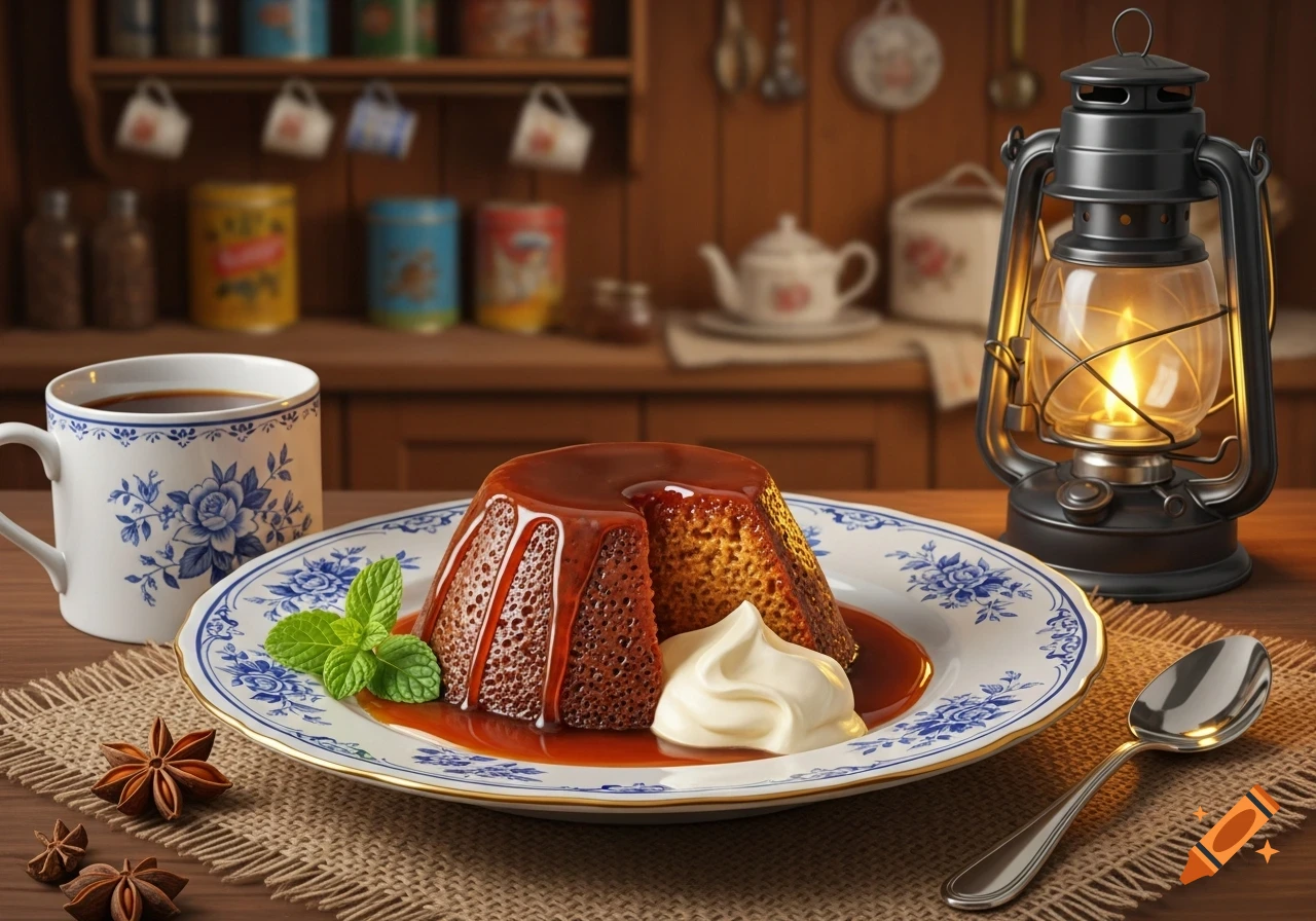 A close-up shot of a rich English toffee pudding, covered in caramel sauce and topped with whipped cream and mint, served on a blue and white plate with a coffee mug, star anise, and a lit lantern on a rustic wooden table.
