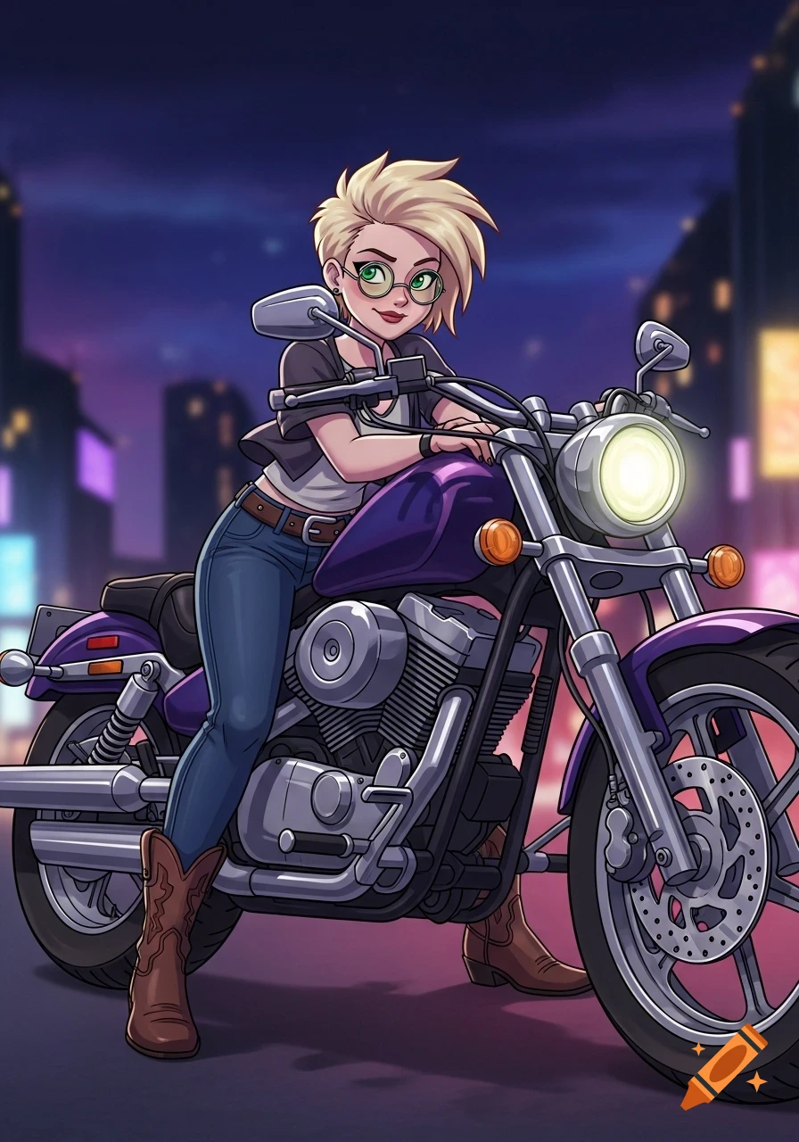 A cartoon woman with short blonde hair, glasses, and cowboy boots leans on a purple motorcycle in an urban night scene.