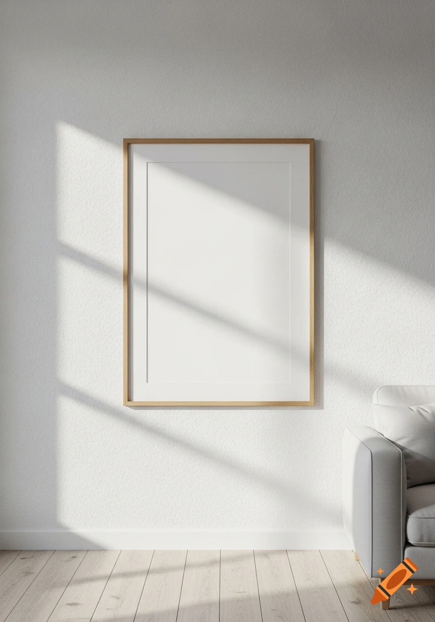 Blank wooden picture frame on a white wall in a photorealistic Scandinavian living room with a modern sofa and natural light.