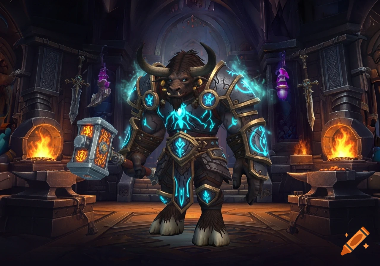 A majestic armored minotaur with glowing blue runes stands in a dark forge, holding a large, ornate hammer.