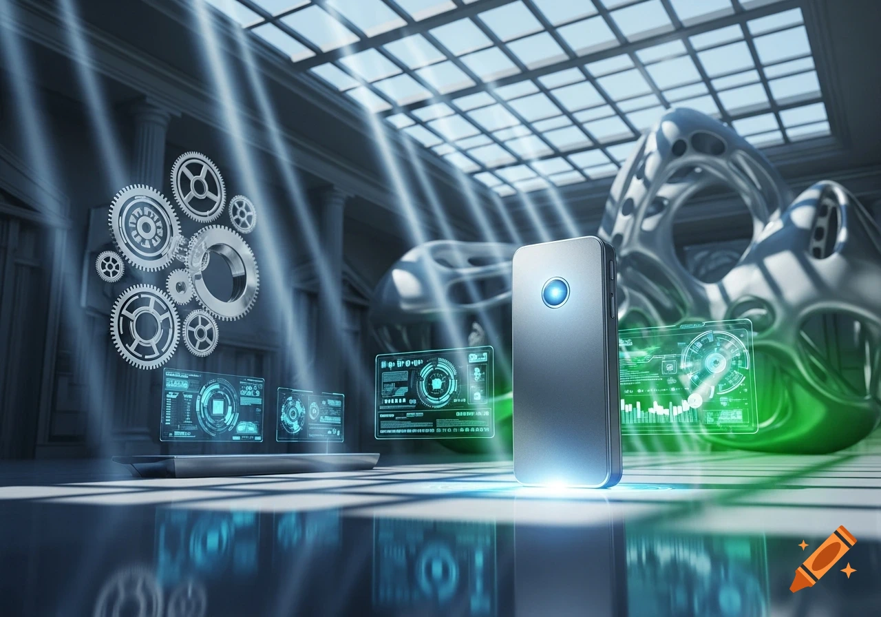 Futuristic scene with a glowing smartphone, floating gears, and holographic displays in a grand, sunlit mechanical hall.