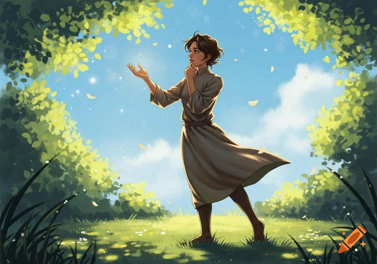 An illustrated young woman in a dress stands in a vibrant green field ...