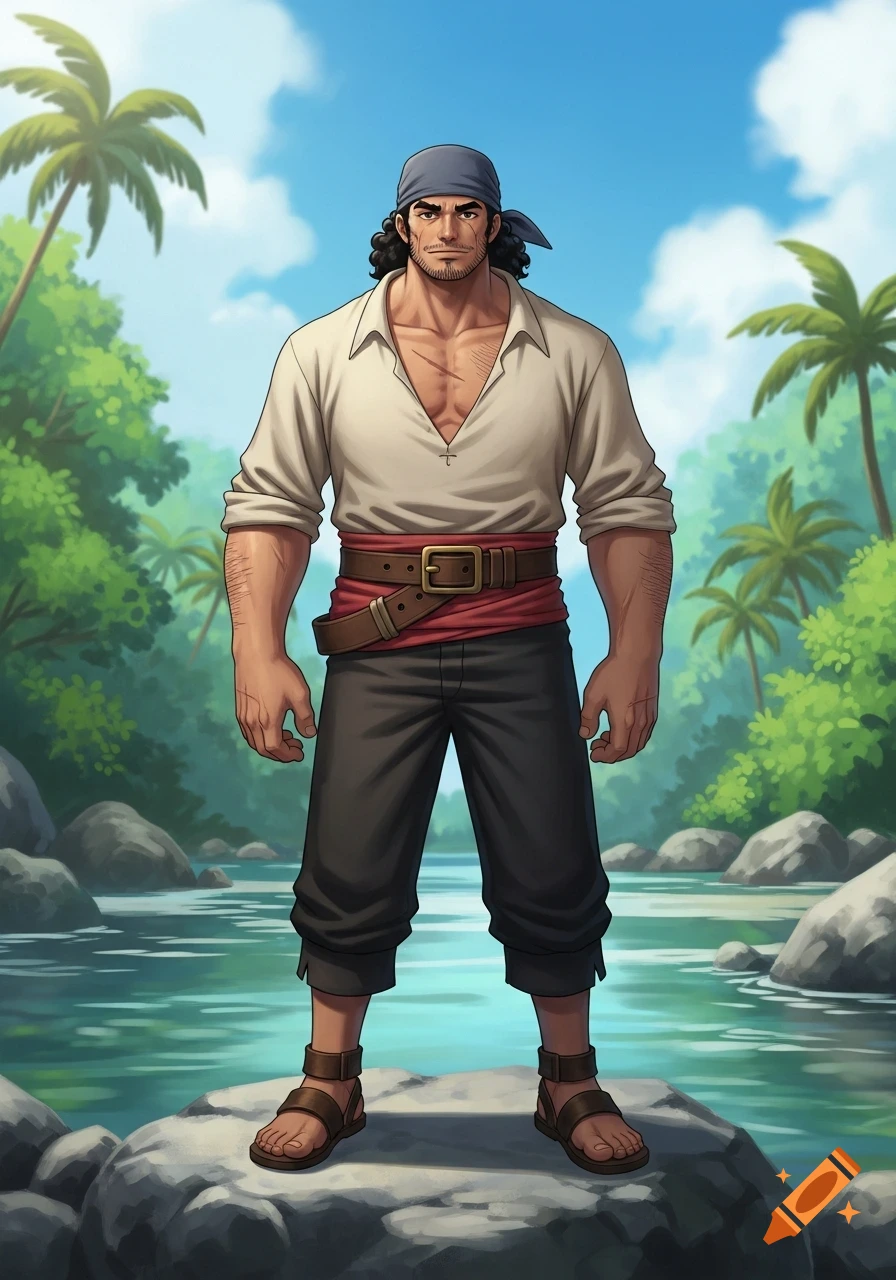 A muscular male pirate in a bandana stands on a rock in a tropical river under a blue sky, in a Ghibli-inspired anime style.