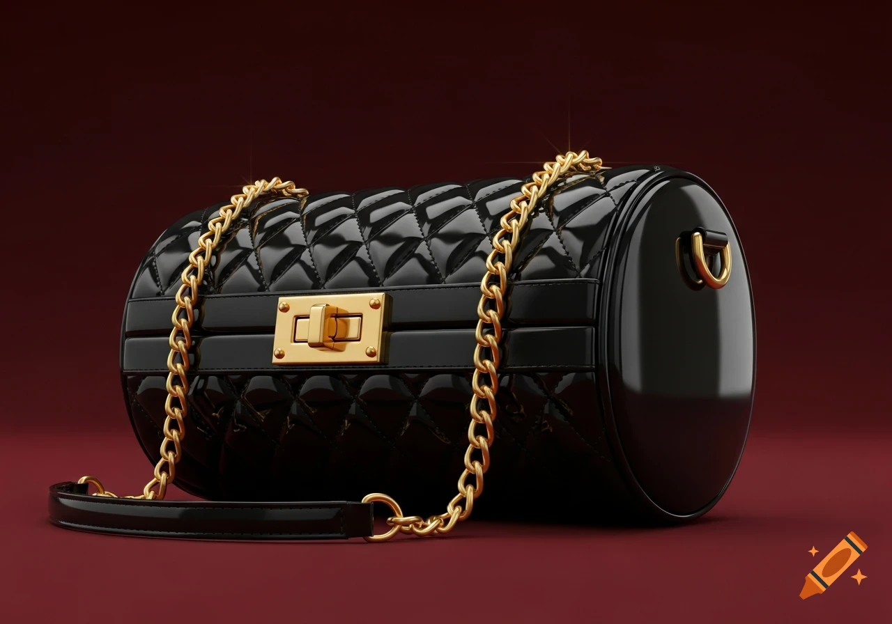 A black patent leather quilted barrel handbag with a gold chain strap and clasp, on a deep red background.