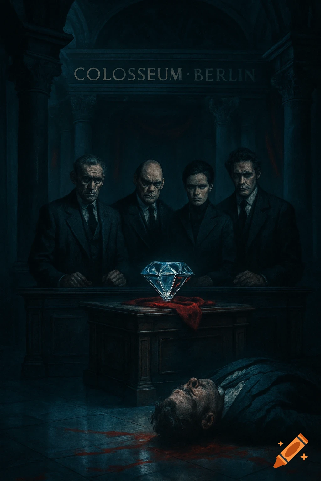 Four grim-faced men in suits stand behind a large diamond on a table, while a dead man lies on the floor with blood, in a dark, stylized scene with text 'COLOSSEUM · BERLIN'.