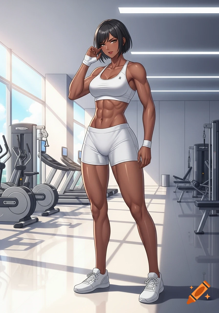 Anime woman with dark skin and a muscular physique, wearing a white sports bra and shorts, stands in a modern gym.