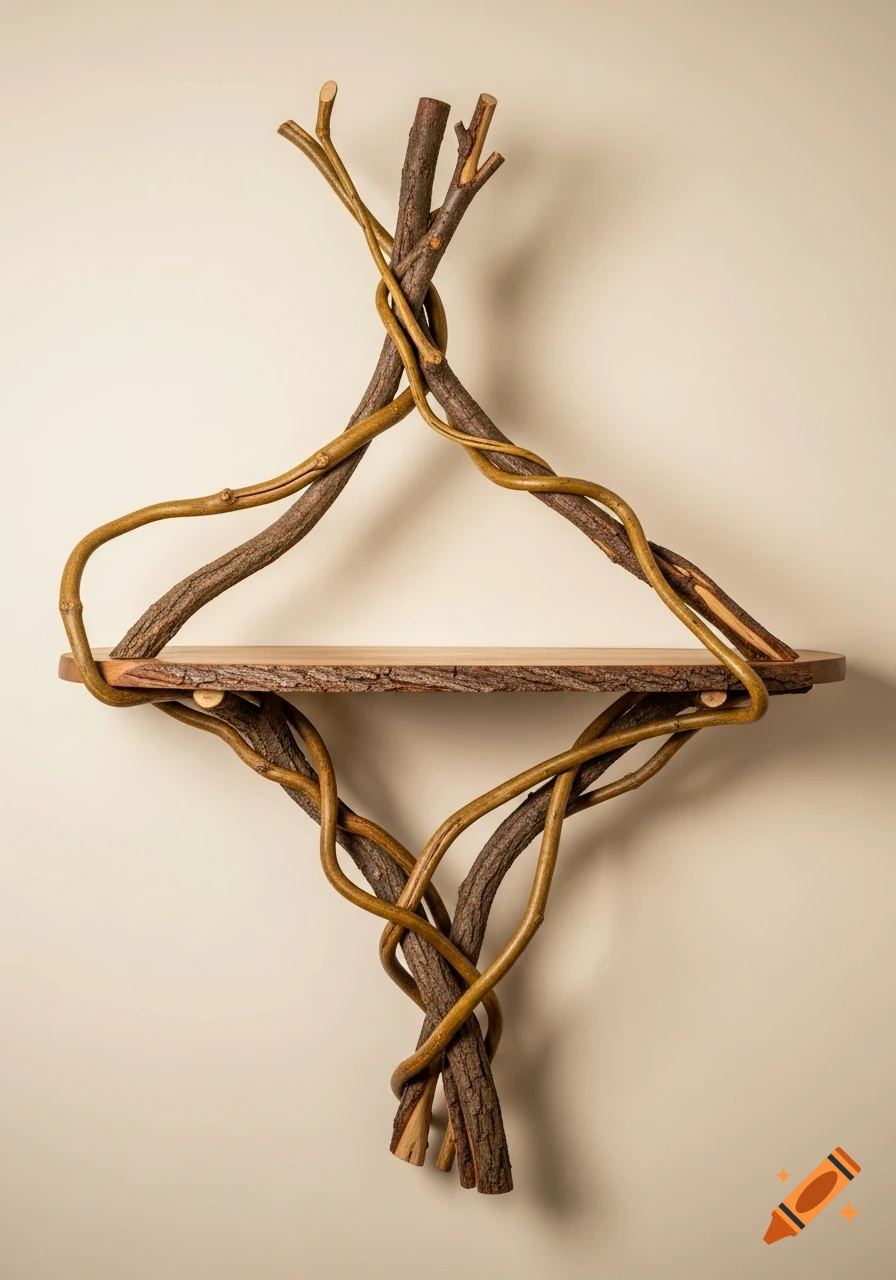 A rustic wall shelf made from intertwined tree branches and a natural wood plank against a neutral background.