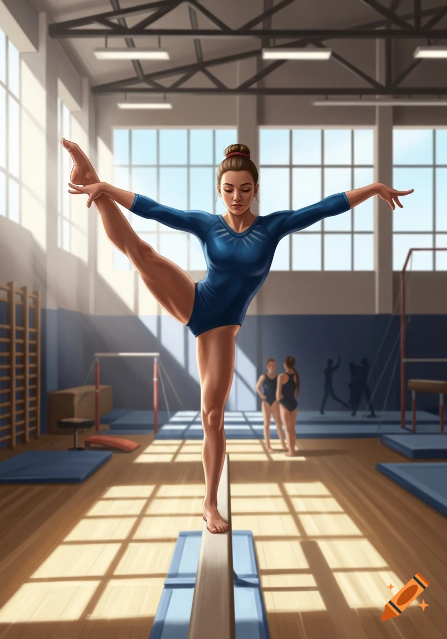 A female gymnast in a blue leotard balances on a beam in a brightly lit gym, with other gymnasts in the background.
