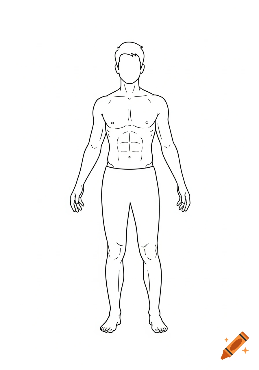 Minimalistic line drawing of a male human body in a neutral standing pose, with no facial features, on a white background.