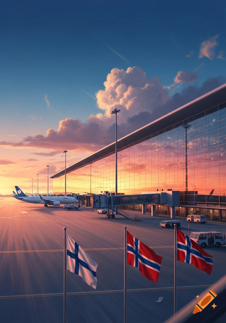 A vibrant digital art image of an airport at sunset with airplanes on the tarmac, a modern terminal building, and flags of Finland and Norway.