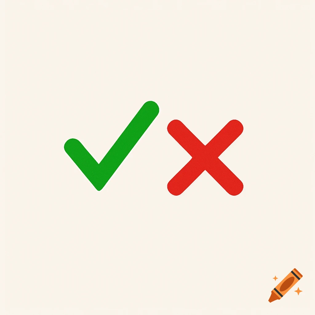 A minimalist logo with a green checkmark and a red X symbol on a light background.