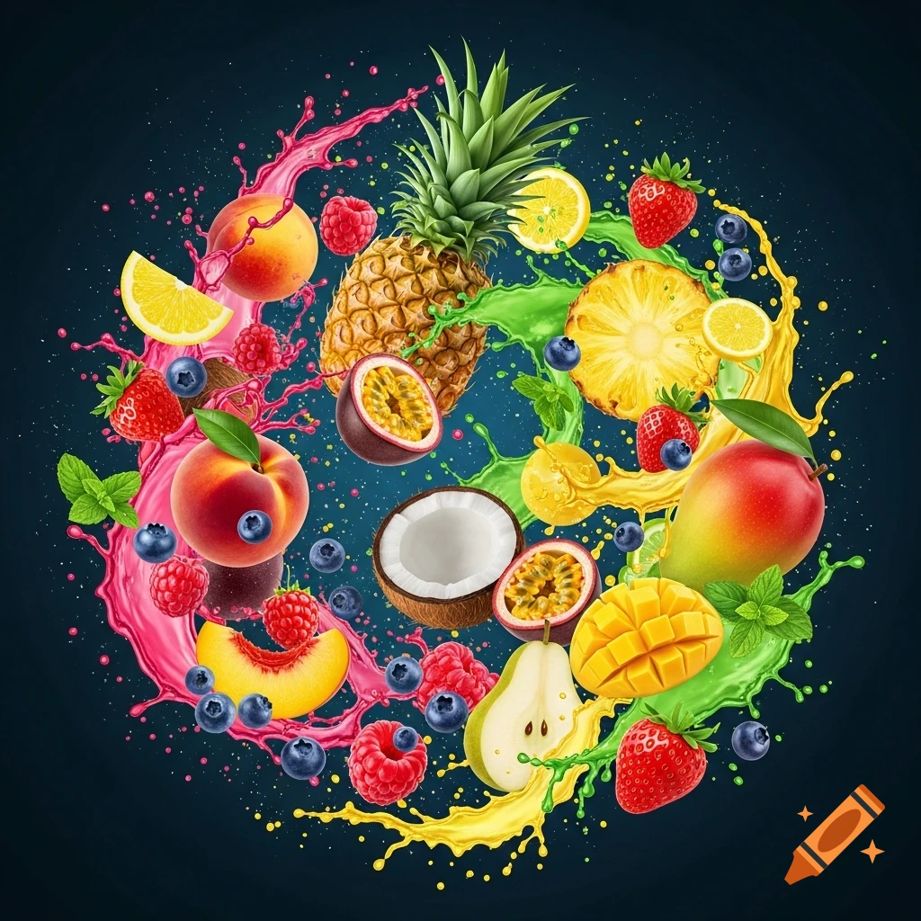 A vibrant arrangement of various fresh fruits like pineapple, mango, peaches, berries, and passion fruit, surrounded by colorful juice splashes against a dark background.