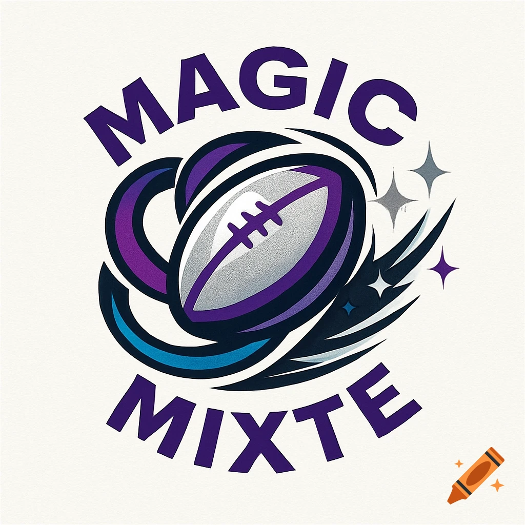 Logo for Magic Mixte rugby team featuring a stylized purple and silver rugby ball, blue accents, and sparkles.