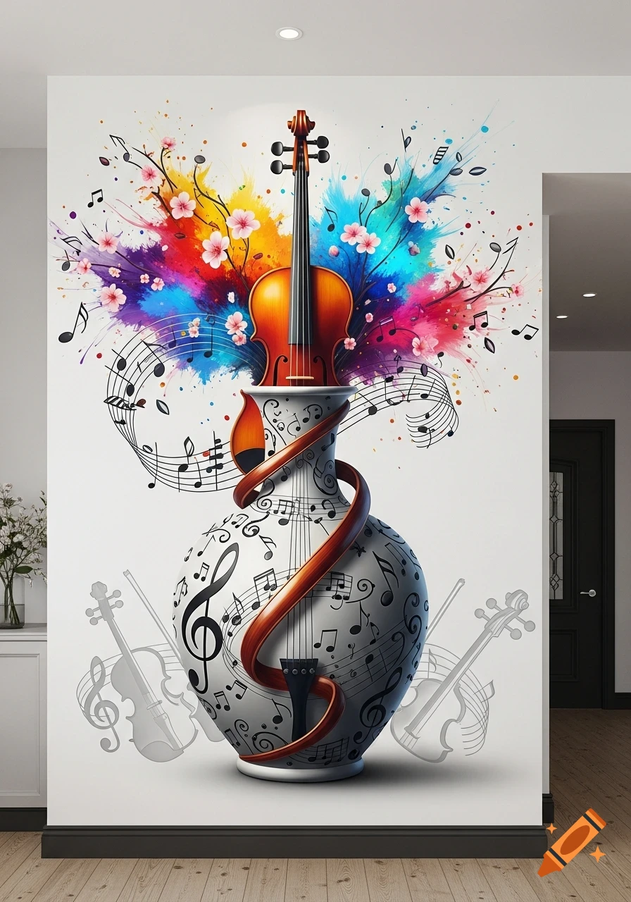 A vibrant wall mural depicting a violin emerging from a vase, surrounded by colorful paint splashes, cherry blossoms, and musical notes, set in a modern room.