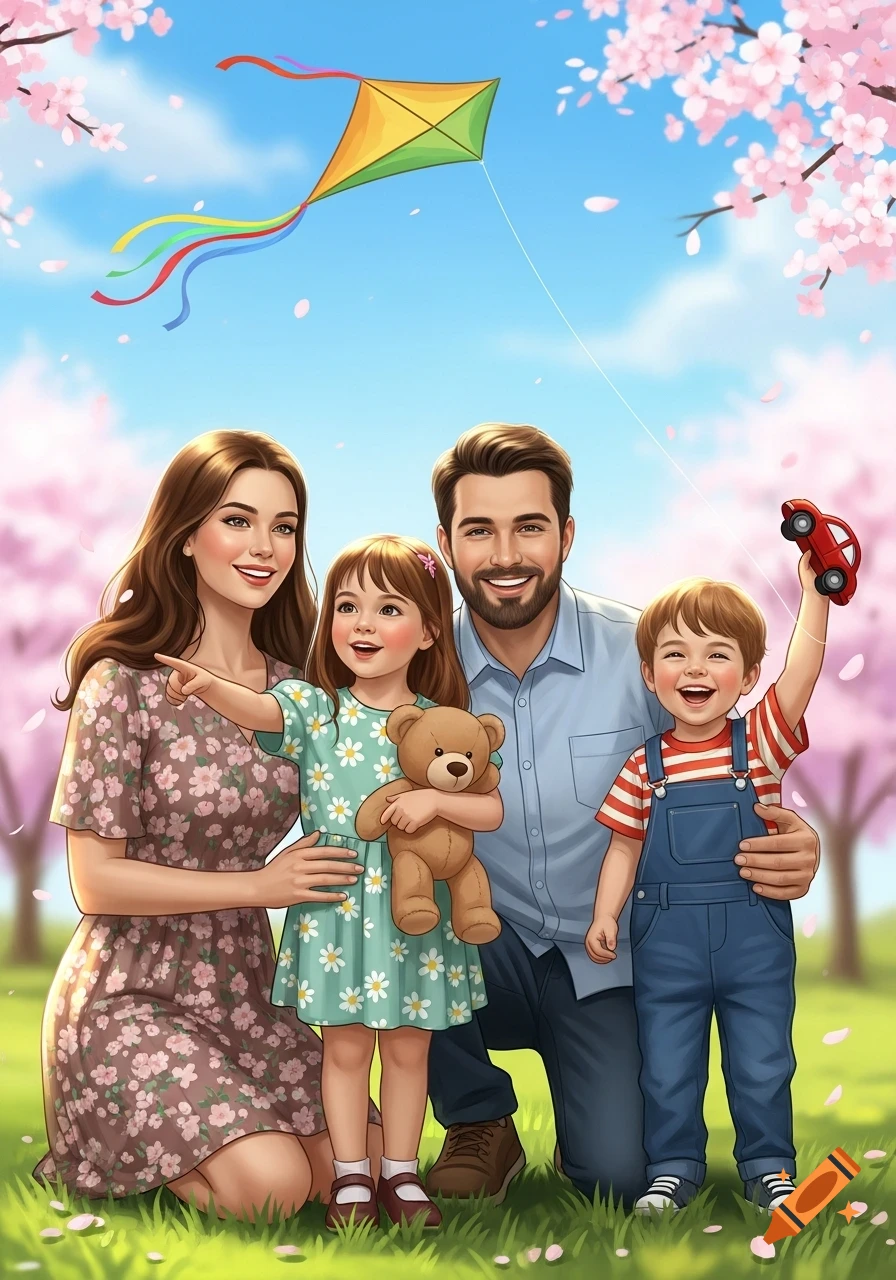 An illustrated happy family, including a mother, father, daughter, and son, in a park with cherry blossoms, flying a kite.