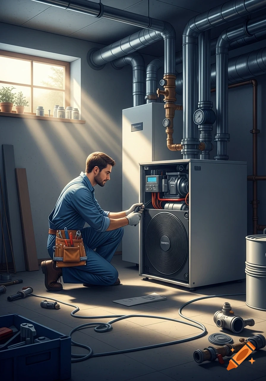 A man in blue overalls and gloves works on a heat pump in a sunlit utility room with pipes and tools scattered around.