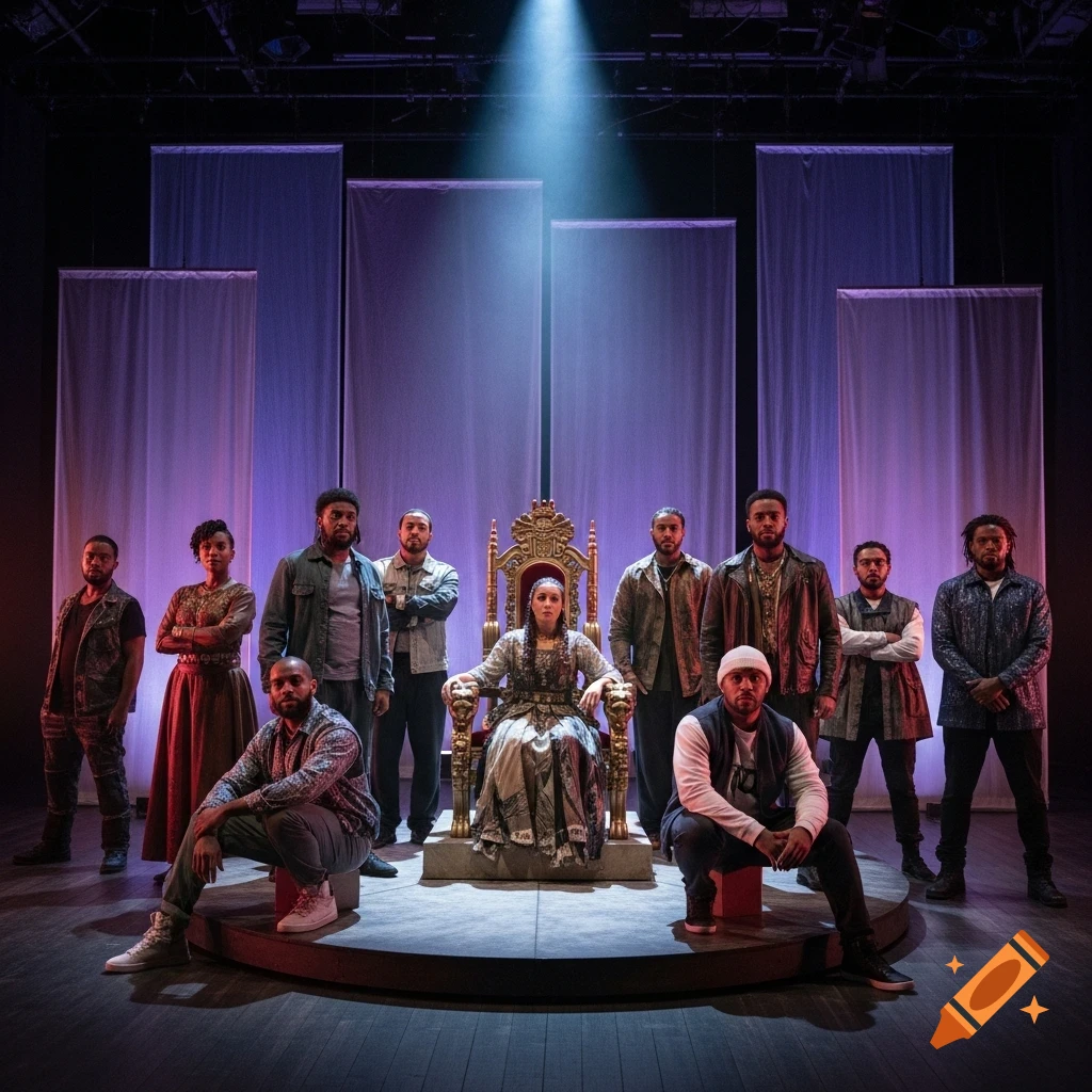 A cast photo of 12 actors on a theatrical stage, featuring a woman on a golden throne and men surrounding her under a spotlight.
