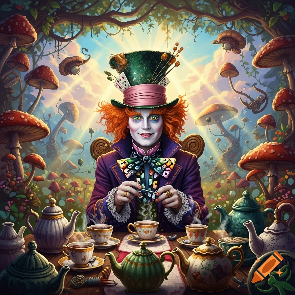 Vibrant illustration of the Mad Hatter with orange hair, green hat, and purple coat, at a tea party in a magical mushroom forest.
