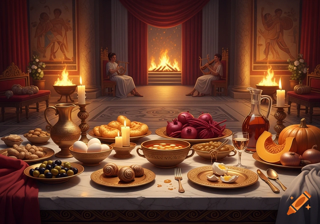 A grand Roman feast with a table full of olives, eggs, bread, and produce, set in a lavish hall with two musicians and a large fireplace.