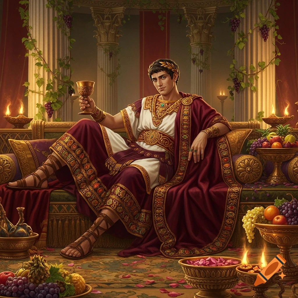 A man in ancient Roman attire with a gold wreath sits on a lavish couch, holding a goblet, surrounded by fruit, candles, and draped vines.