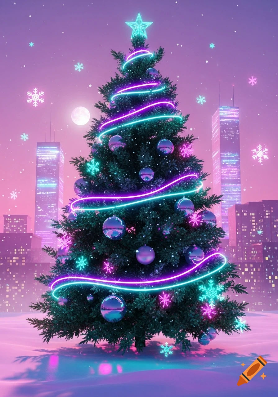 A neon-lit Christmas tree with purple and teal lights, against a pink vaporwave cityscape under a full moon with falling snow.