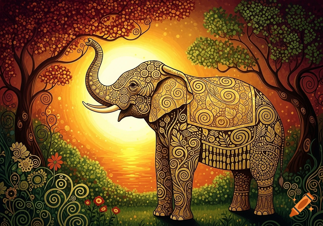 An ornate, golden elephant with intricate patterns stands in a lush, vibrant, Klimt-style landscape at sunset.