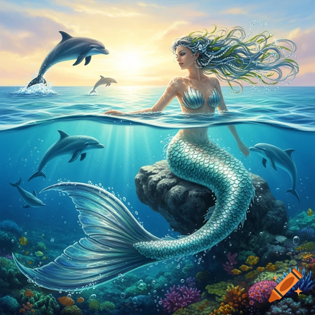 Fantasy illustration of a mermaid with a shimmering tail sitting on an underwater rock, surrounded by dolphins and colorful coral, with a sunset sky.
