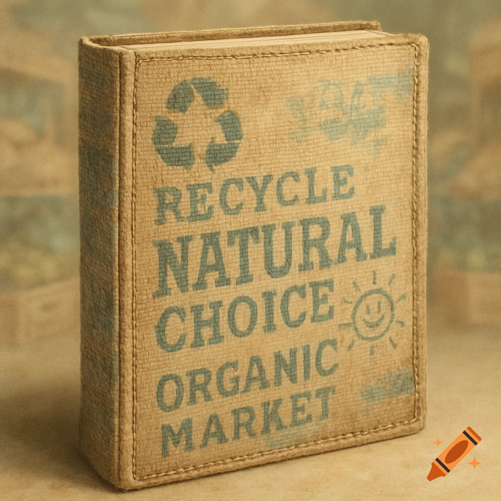 A close-up of a book cover made from a textured, light brown cloth material, featuring green stencil text: 'RECYCLE NATURAL CHOICE ORGANIC MARKET', a recycle logo, and a smiley face sun icon.