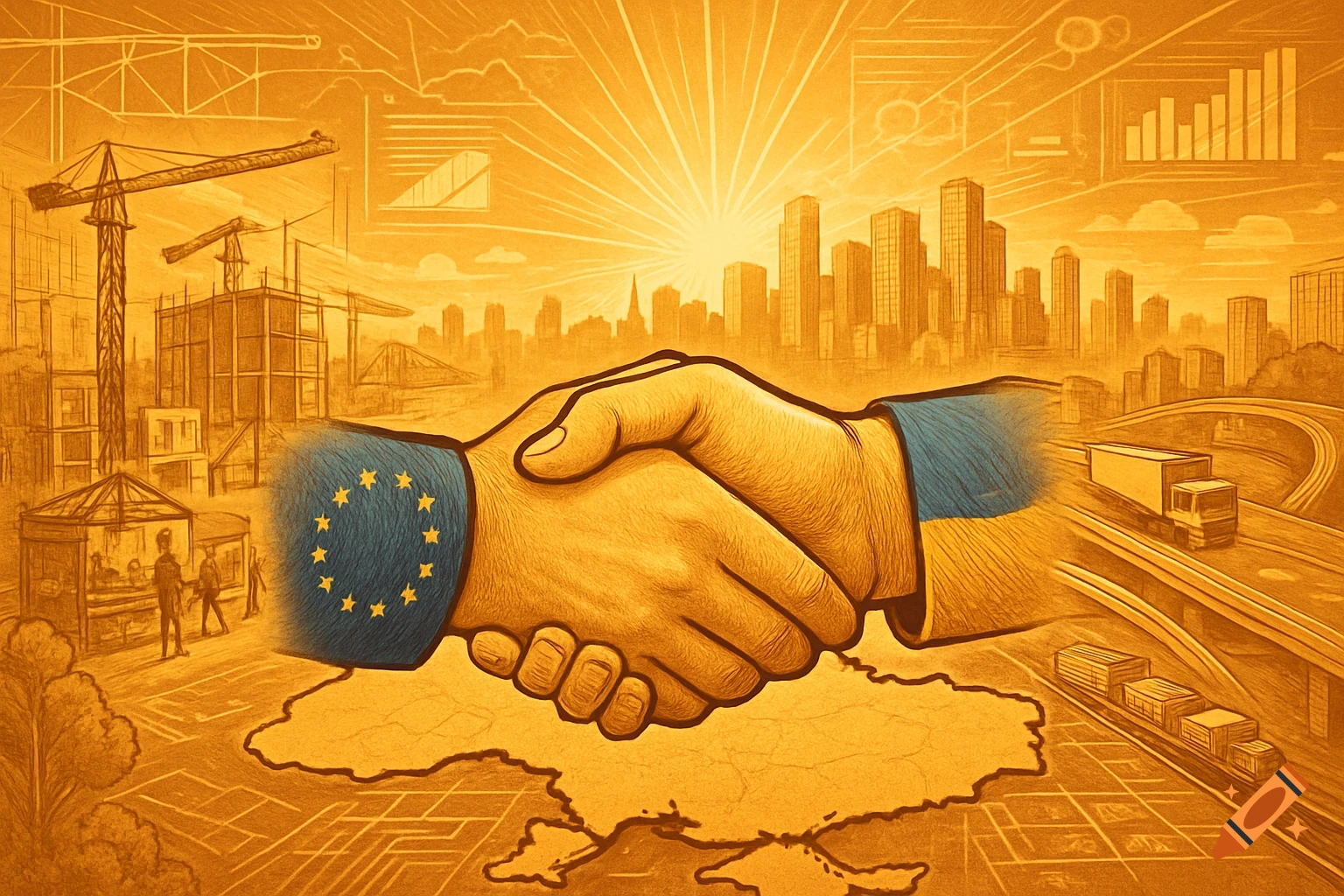 A sepia-toned illustration of an EU and Ukraine-flagged hand shaking over a map of Ukraine, surrounded by construction, a cityscape, and transportation.
