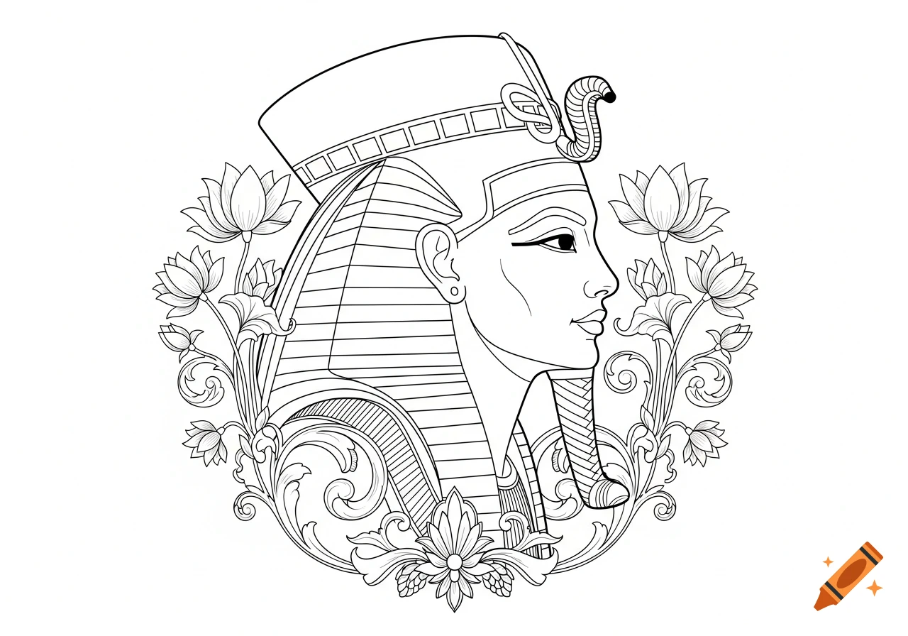 Detailed black and white line art of an Egyptian figure's profile, wearing a headdress with a cobra, framed by lotus flowers and scrolls.