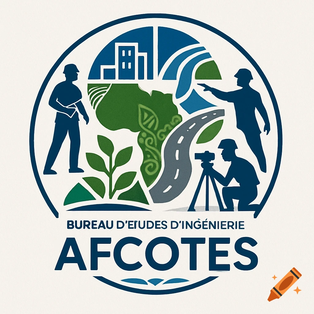 A round logo with a dark blue border, depicting silhouettes of engineers, buildings, a river, a road, and the continent of Africa with green plants. Text reads "BUREAU D'ETUDES D'INGÉNIERIE AFCOTES".