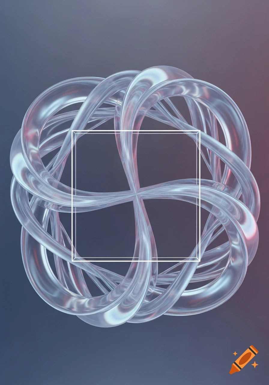 Abstract 3D render of intertwined translucent glass-like bands with a white square outline in the center, on a gradient background.