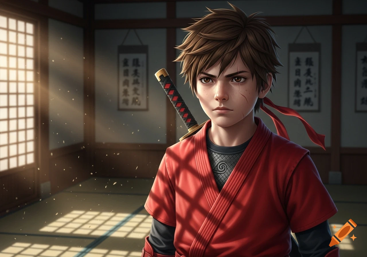 Anime-style young boy with brown hair and a face scar, wearing a red ninja gi and carrying a katana, standing in a sunlit dojo.
